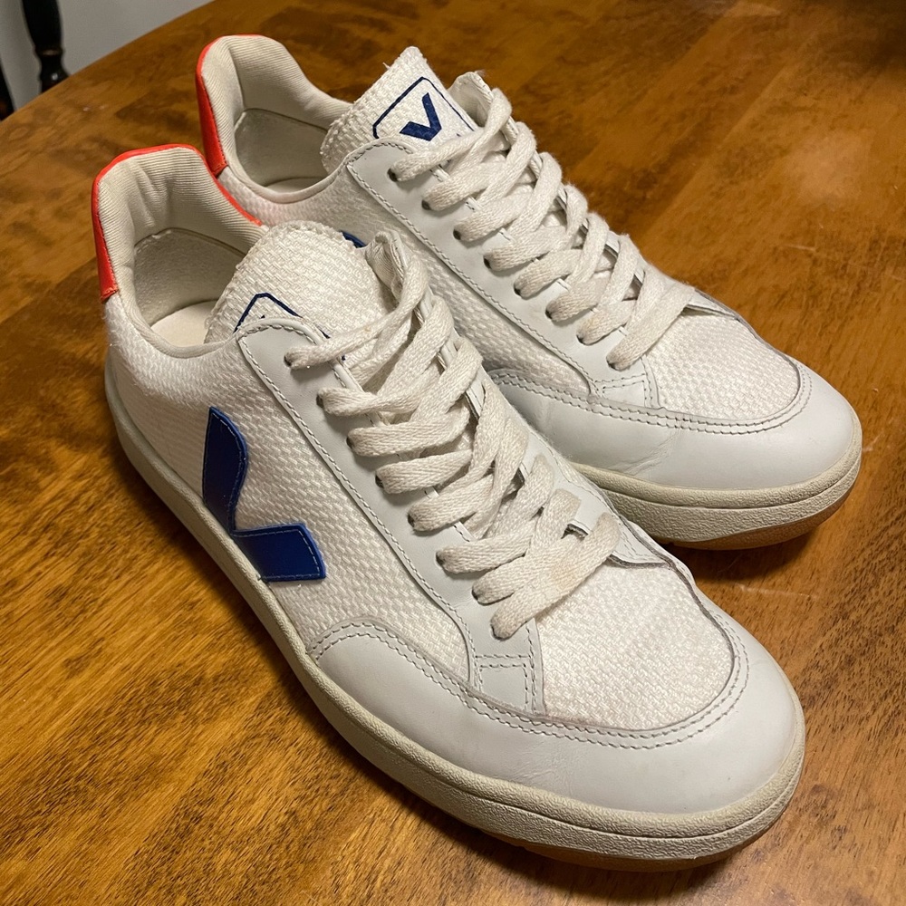Veja Women’s V-12 White, Blue, and Orange Sneakers - Picture 4 of 9